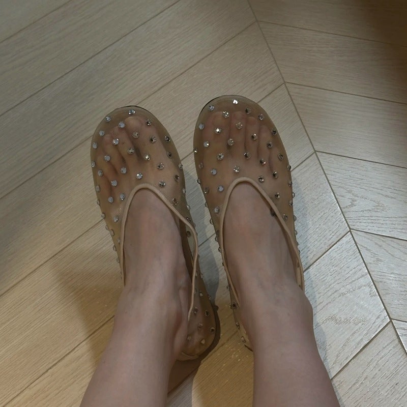 High-End Sparkling Rhinestone Mesh Sandals Niche Design Flat Hollow Hole Shoes Western Style Ballet Shoes - Image 1