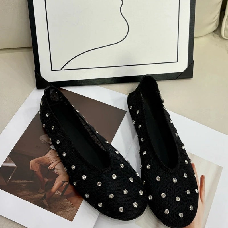 High-End Sparkling Rhinestone Mesh Sandals Niche Design Flat Hollow Hole Shoes Western Style Ballet Shoes - Image 4
