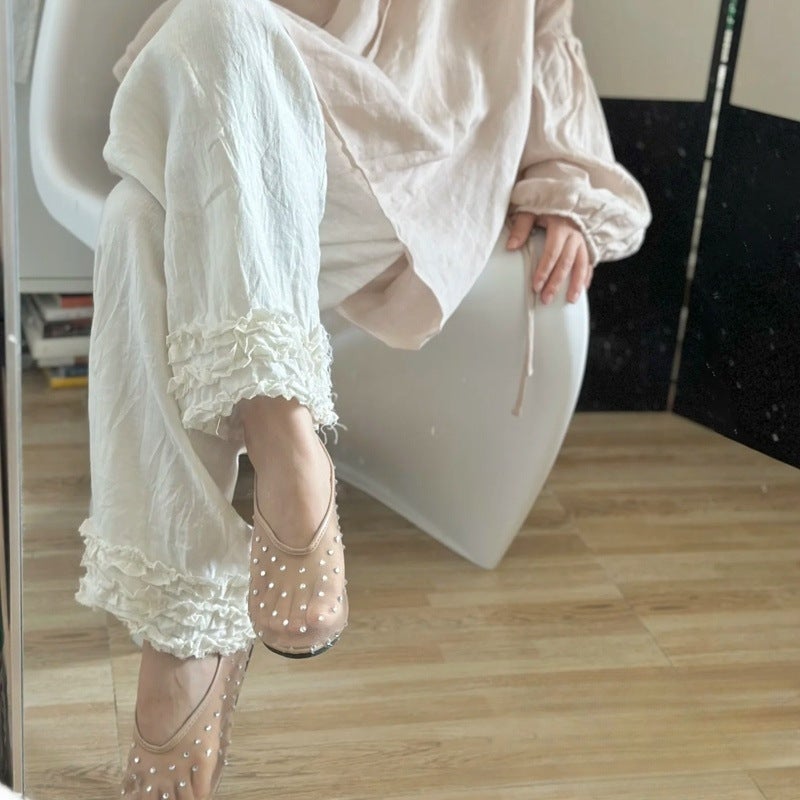High-End Sparkling Rhinestone Mesh Sandals Niche Design Flat Hollow Hole Shoes Western Style Ballet Shoes - Image 3