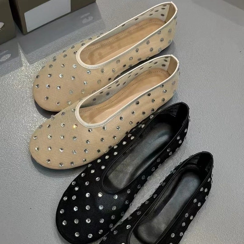 High-End Sparkling Rhinestone Mesh Sandals Niche Design Flat Hollow Hole Shoes Western Style Ballet Shoes - Image 2