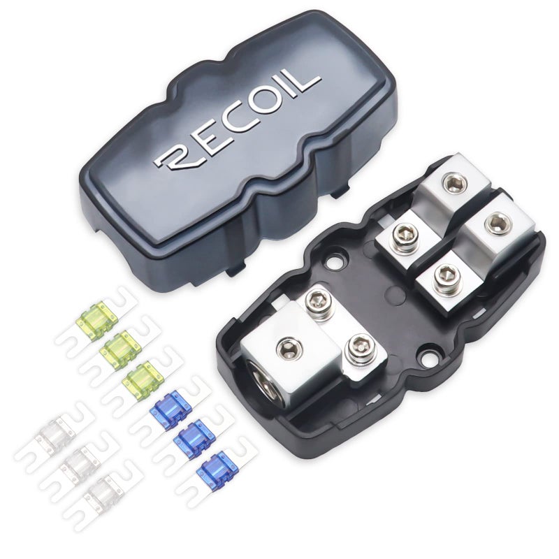 Recoil MFH12 2 Way Mini-ANL Fused Distribution Block, 1 X 0/2/4 Gauge in / 2 X 4/8 Gauge Out Fused Distribution Block with 60A, 80A, 100A Fuses, Solid Brass for Maximum Power Transfer - Image 1