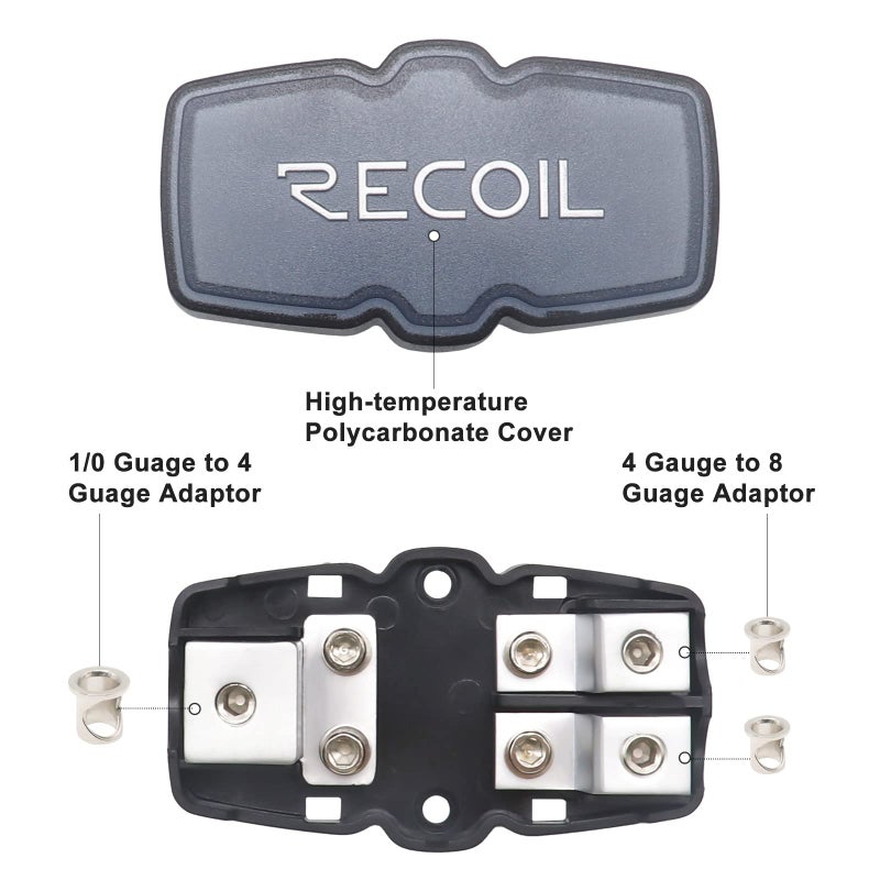 Recoil MFH12 2 Way Mini-ANL Fused Distribution Block, 1 X 0/2/4 Gauge in / 2 X 4/8 Gauge Out Fused Distribution Block with 60A, 80A, 100A Fuses, Solid Brass for Maximum Power Transfer - Image 3