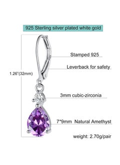 VOLUKA 925 Sterling Silver Natural Amethyst Teardrop Leverback Earrings|7 * 9Mm Pear Shaped Drop Dangly Earring Hypoallergenic Jewelry For Women  - Image 5