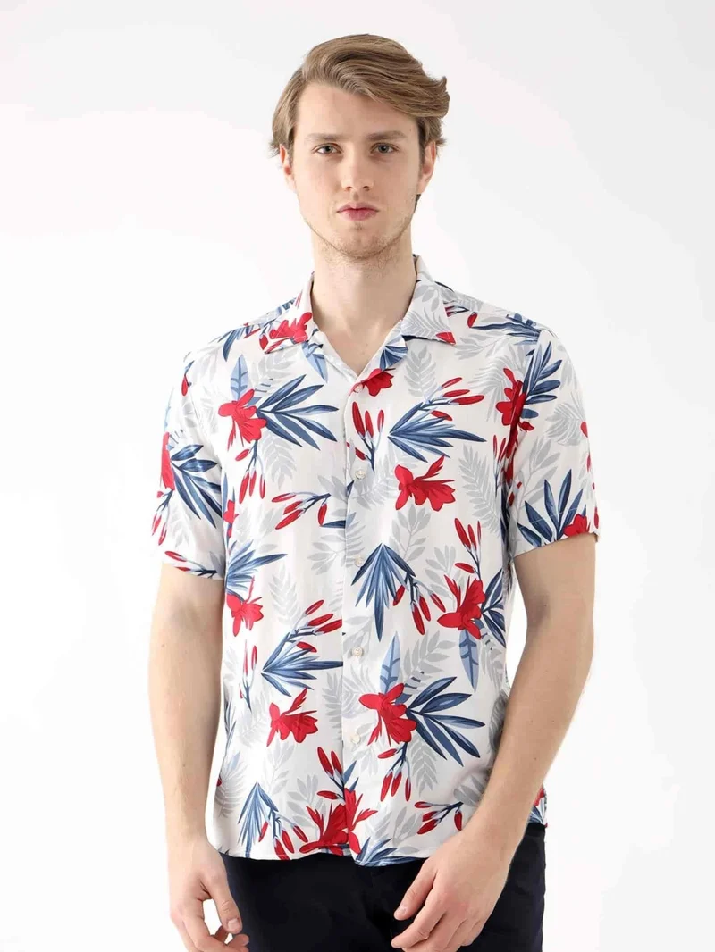 Dufy Red Men's Regular Fit Open Collar Short Sleeve Shirt