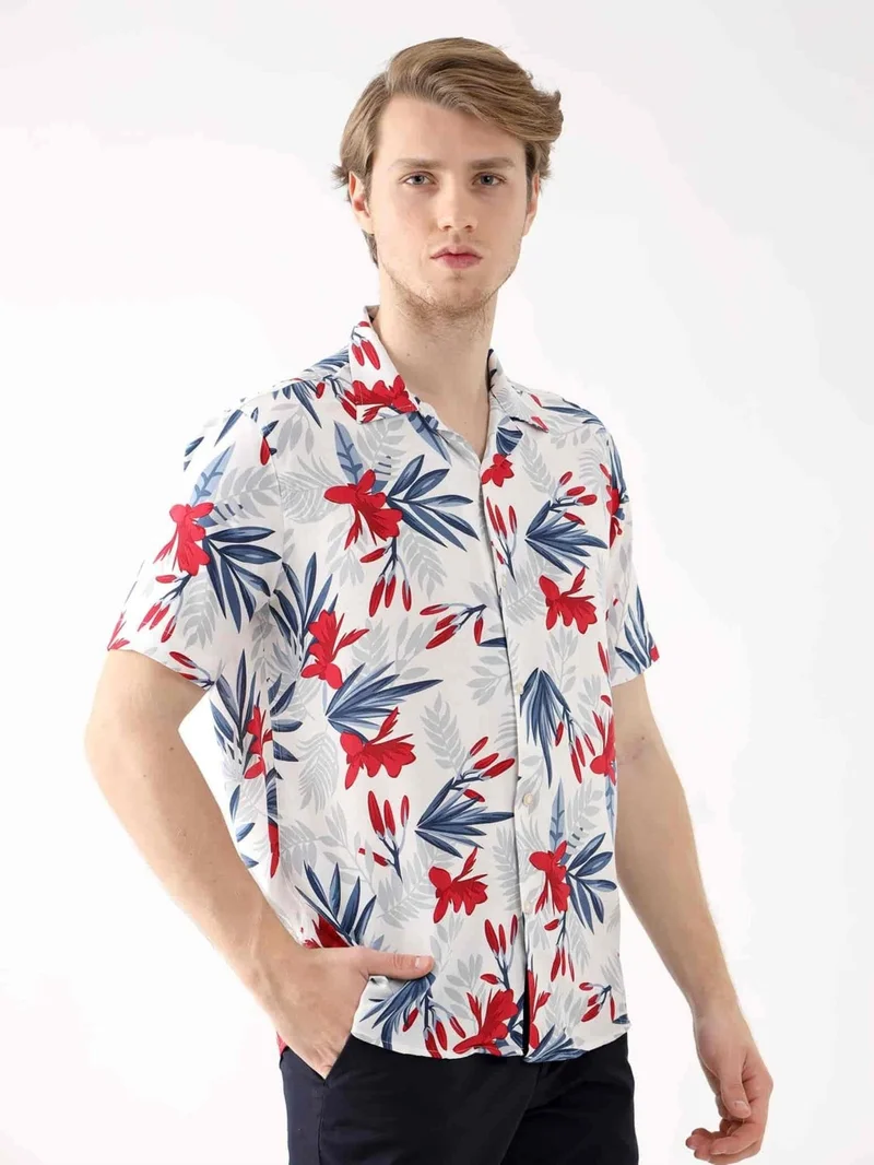 Dufy Red Men's Regular Fit Open Collar Short Sleeve Shirt