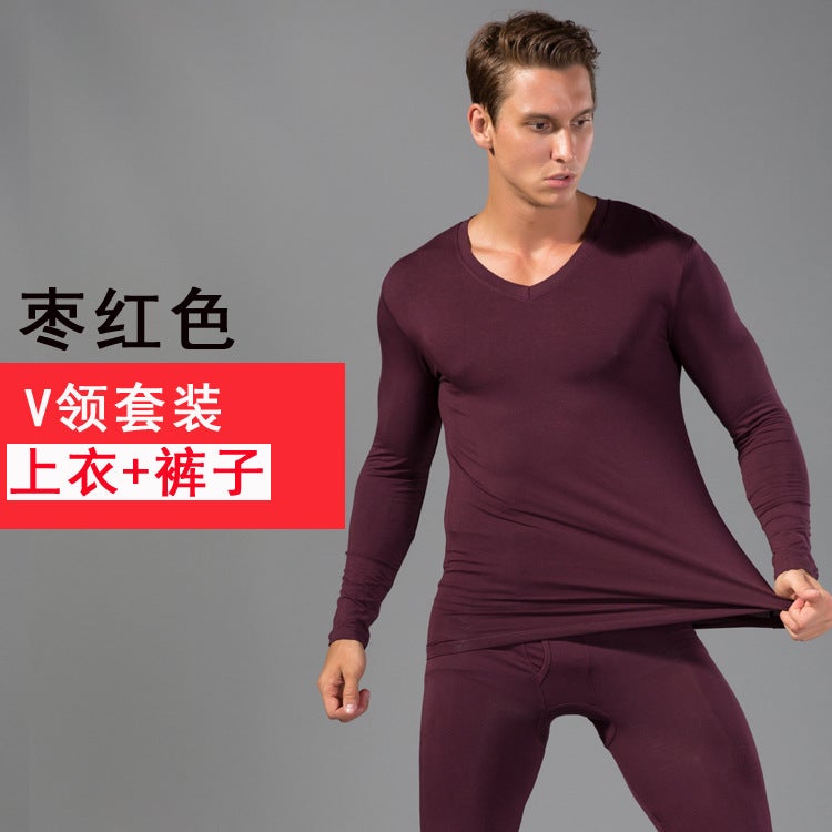 Zhuojia Modal Thermal Underwear Mens Ultra-thin Long-sleeved Tight Autumn Clothes Long Johns Youth Bottoming Life Year suit Jujube V-neck suit 