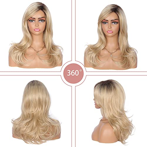 Kalyss Long Wave Blonde Wigs with Hair Bangs Ombre Blonde Long Curly Wigs for Woman Heat Resistant Synthetic Hair Wig 18inch - Image 5