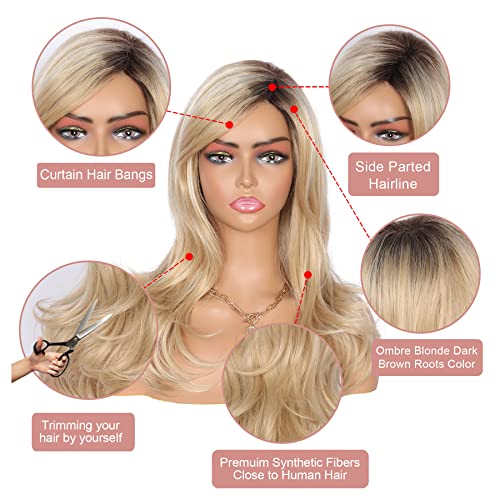 Kalyss Long Wave Blonde Wigs with Hair Bangs Ombre Blonde Long Curly Wigs for Woman Heat Resistant Synthetic Hair Wig 18inch - Image 3