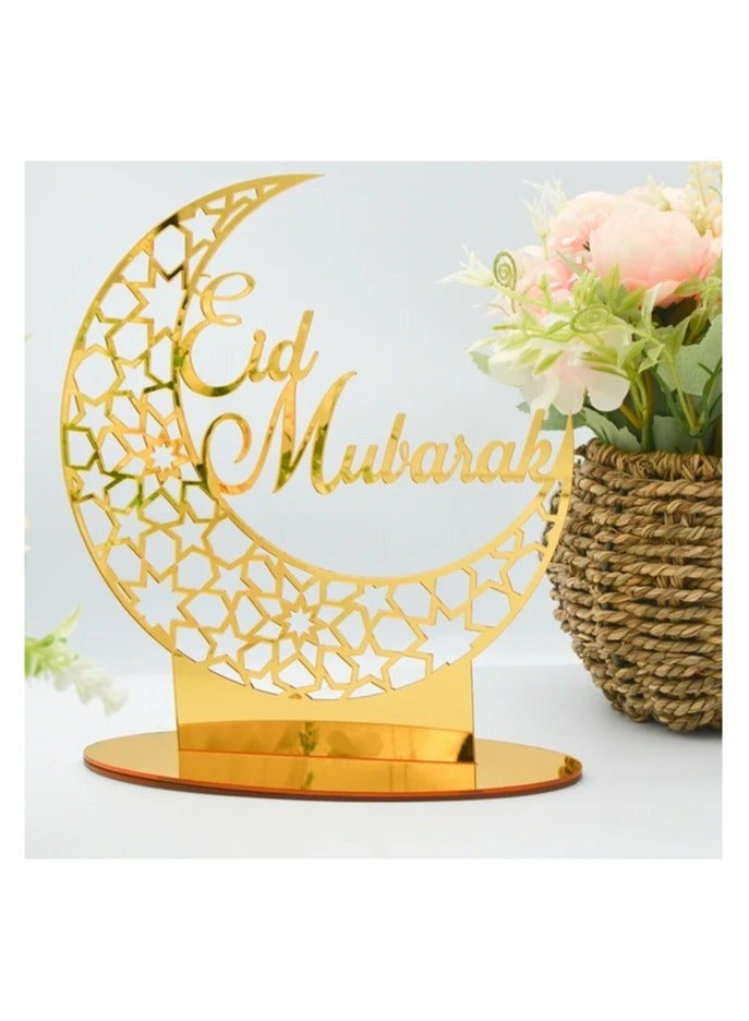 Eworld Exquisite Acrylic Ramadan Tabletop Decor for Home, Islamic Lightweight Craft Ornament Featuring Eid Mubarak Calligraphy, Perfect Crescent Ornaments for Islamic Parties, Radiant in Gold - Image 3