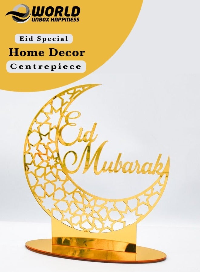 Eworld Exquisite Acrylic Ramadan Tabletop Decor for Home, Islamic Lightweight Craft Ornament Featuring Eid Mubarak Calligraphy, Perfect Crescent Ornaments for Islamic Parties, Radiant in Gold - Image 1
