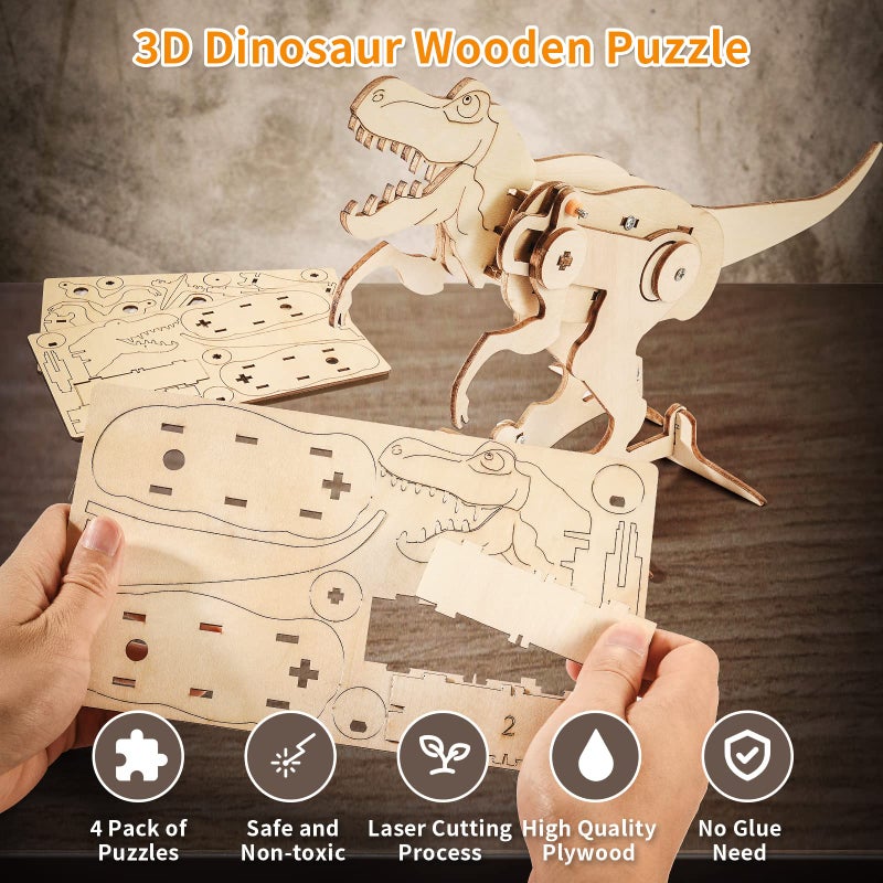 Yutin Dinosaur STEM Kits for Kids Ages 8-10-12, 4 in 1 Wood Building Toys for Boys Age 8-12, Build It Yourself Woodworking Kit, DIY 3D Wooden Puzzles Model Science Crafts for Kids, Stem Projects - Image 2
