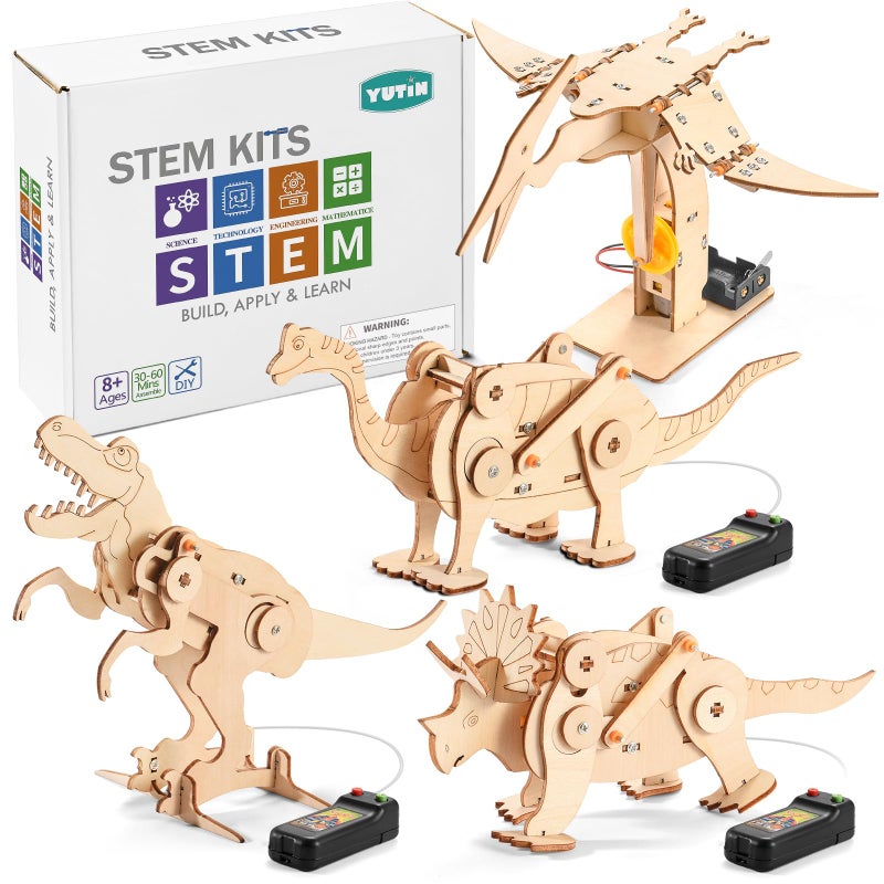 Yutin Dinosaur STEM Kits for Kids Ages 8-10-12, 4 in 1 Wood Building Toys for Boys Age 8-12, Build It Yourself Woodworking Kit, DIY 3D Wooden Puzzles Model Science Crafts for Kids, Stem Projects - Image 1