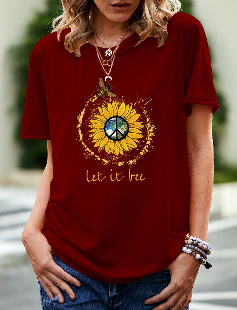 wish independent station sunflower pattern printed short sleeve t-shirt for women - Image 1