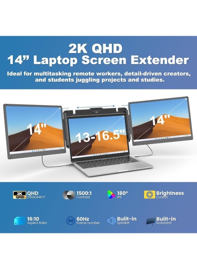 14" 2K Triple Laptop Screen Extender, 2160x1440 QHD Portable Monitor with 180° Rotation, Plug & Play, Compatible with 13-16.5" Laptops, Windows, Mac, Android, Dex  - Image 2