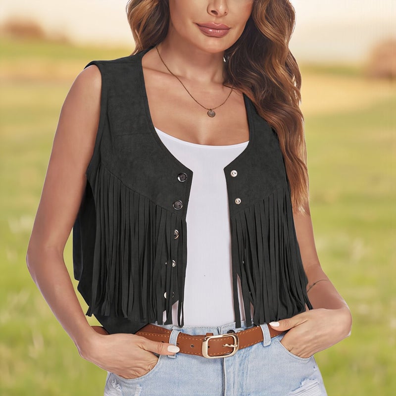 Womens Fringe Suede Vest Brown S for Festival Outdoor Trip Western Casual Party - Image 4