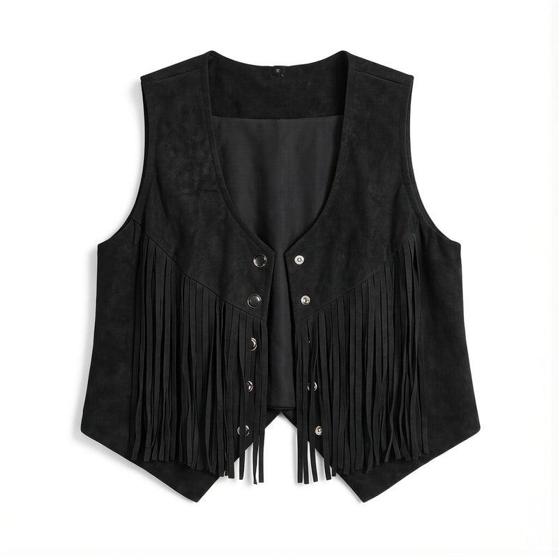 Womens Fringe Suede Vest Brown S for Festival Outdoor Trip Western Casual Party - Image 2