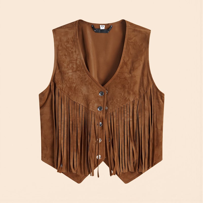 Womens Fringe Suede Vest Brown S for Festival Outdoor Trip Western Casual Party - Image 3