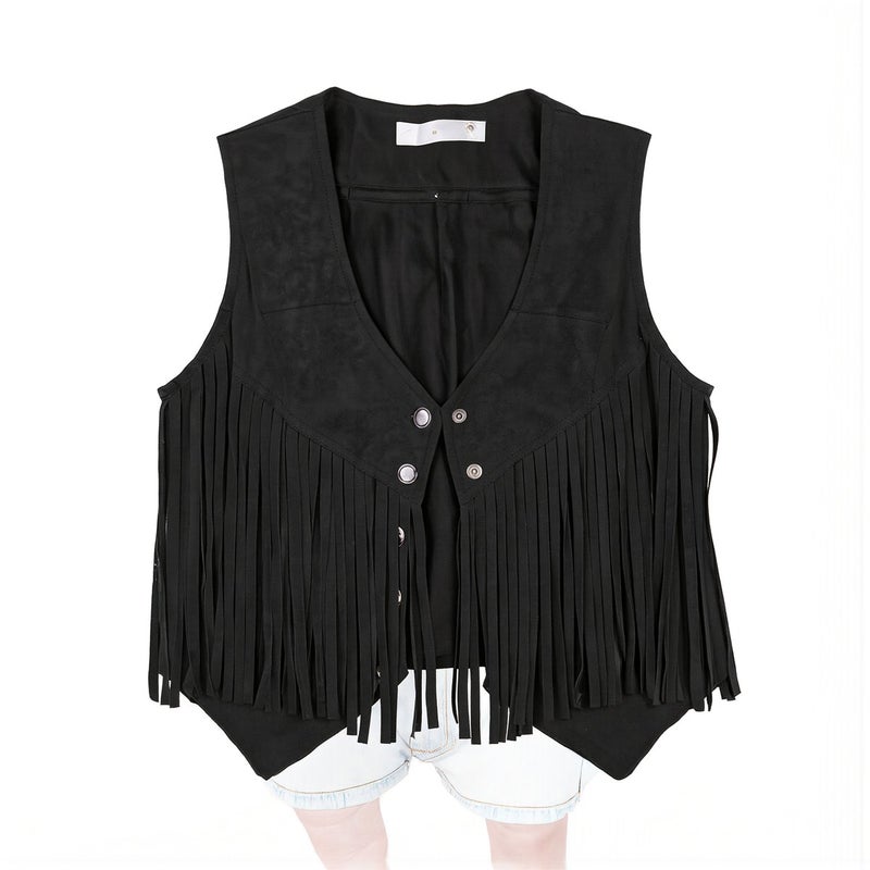 Womens Fringe Suede Vest Brown S for Festival Outdoor Trip Western Casual Party - Image 1