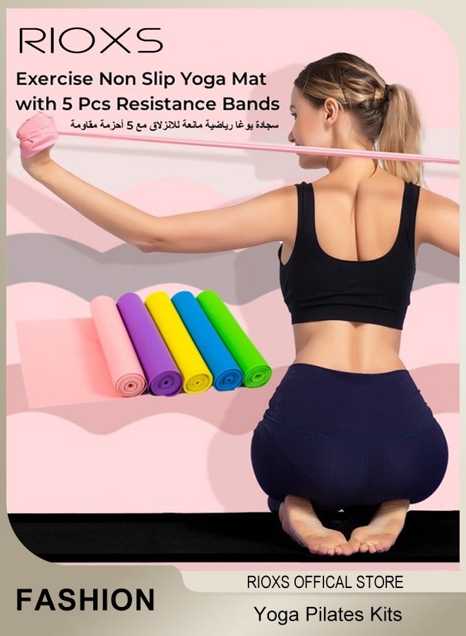 RIOXS Yoga Pilates Kits-Non Slip Yoga Mat with 5 Pieces Stretch Strap,10mm Thick Exercise Mat,1500x150x0.35mm Stretching Band,For Pilates Yoga Workout,Home Gym Mat And Resistance Bands,With Carry Bag  - Image 2