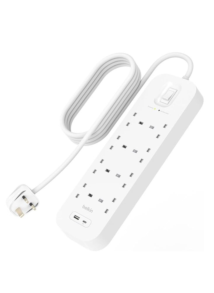 belkin Belkin 6-Outlet Surge Protector Power Strip, Wall-Mountable with 6 AC Outlets, 2M Power Cord, & Green Indicator Light - USB-C Port & USB-A Port w/USB-C PD Fast Charging - 650 Joules of Protection  - Image 1