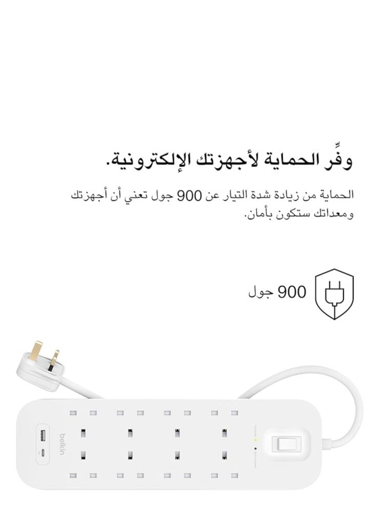 belkin Belkin 6-Outlet Surge Protector Power Strip, Wall-Mountable with 6 AC Outlets, 2M Power Cord, & Green Indicator Light - USB-C Port & USB-A Port w/USB-C PD Fast Charging - 650 Joules of Protection  - Image 2