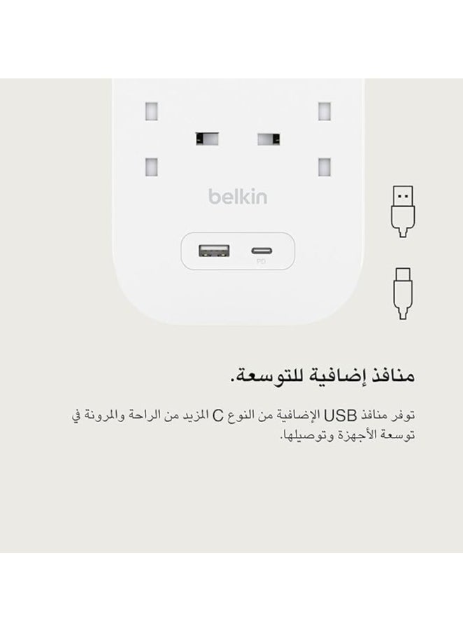belkin Belkin 6-Outlet Surge Protector Power Strip, Wall-Mountable with 6 AC Outlets, 2M Power Cord, & Green Indicator Light - USB-C Port & USB-A Port w/USB-C PD Fast Charging - 650 Joules of Protection  - Image 3