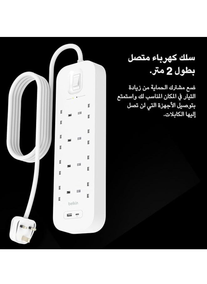 Belkin 6-Outlet Surge Protector Power Strip, Wall-Mountable with 6 AC Outlets, 2M Power Cord, & Green Indicator Light - USB-C Port & USB-A Port w/USB-C PD Fast Charging - 650 Joules of Protection