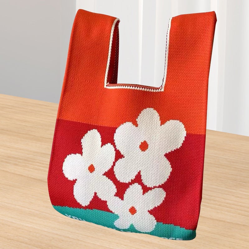 2025 Xipu Special Festive Wedding Gift Bag Special Hand Bag Vest Bag Sweet and Festive Knitted Bag 90g red-three small flowers