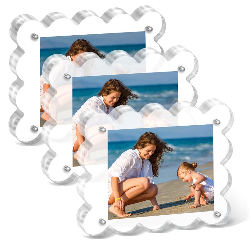 Chivalral Acrylic Photo Frame 2Ã—3inch - 3Pack Magnetic Picture Frames with 10+10mm Thick Block, Scalloped Edge Design, Double-Sided Magnet Frames for Modern Desktop Display (Clear, 2x3) - Image 1