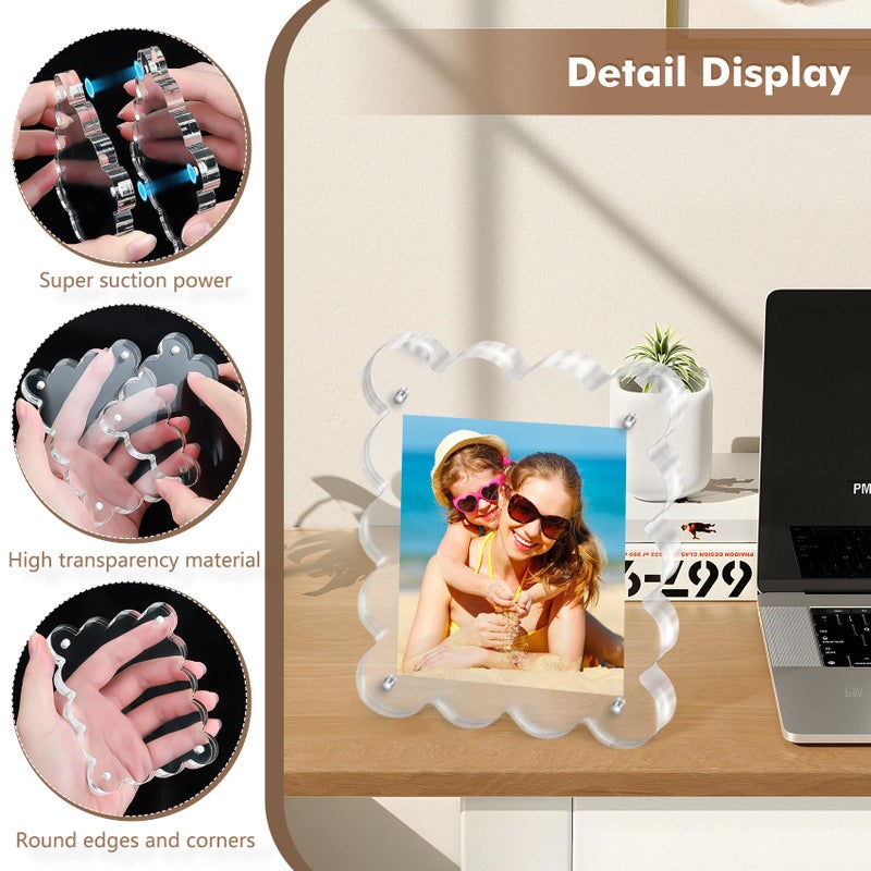 Chivalral Acrylic Photo Frame 2Ã—3inch - 3Pack Magnetic Picture Frames with 10+10mm Thick Block, Scalloped Edge Design, Double-Sided Magnet Frames for Modern Desktop Display (Clear, 2x3) - Image 4