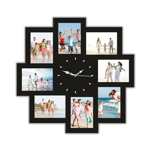 wallkriti Wall Clock Photo Frame Wall Clock with 8 Picture Slots, Black Multi Picture Frame Collage, Modern Home Decor - Image 1