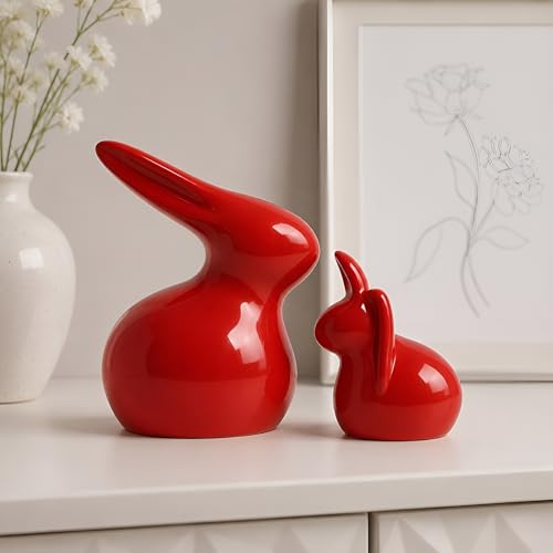 SRJANA Home Décor Ceramic Rabbit Figurines (Set of 2, Red Color) - Image 1