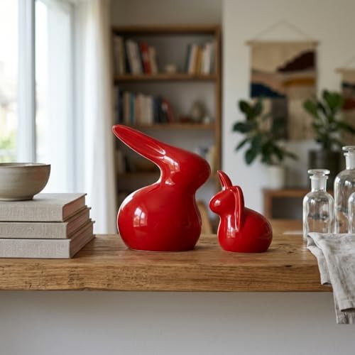 SRJANA Home Décor Ceramic Rabbit Figurines (Set of 2, Red Color) - Image 2