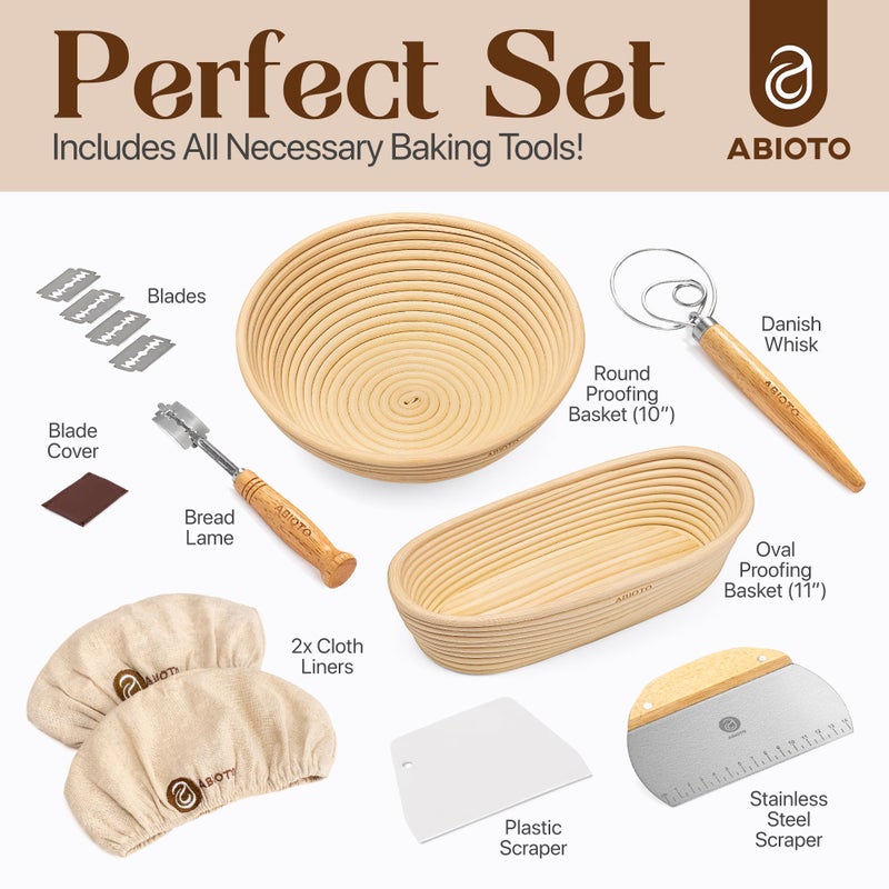 ABIOTO Sourdough Bread Baking Supplies And Proofing Baskets  A Complete Bread Making Kit Including 10"" Round & 11"" Oval Rattan Bannetons  Bread Lame  Bowl & Dough Scrapers  Danish Whisk And Linen Liners - Image 2