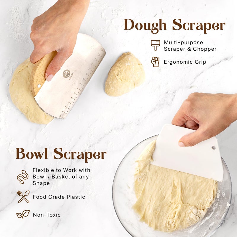 ABIOTO Sourdough Bread Baking Supplies And Proofing Baskets  A Complete Bread Making Kit Including 10"" Round & 11"" Oval Rattan Bannetons  Bread Lame  Bowl & Dough Scrapers  Danish Whisk And Linen Liners - Image 5