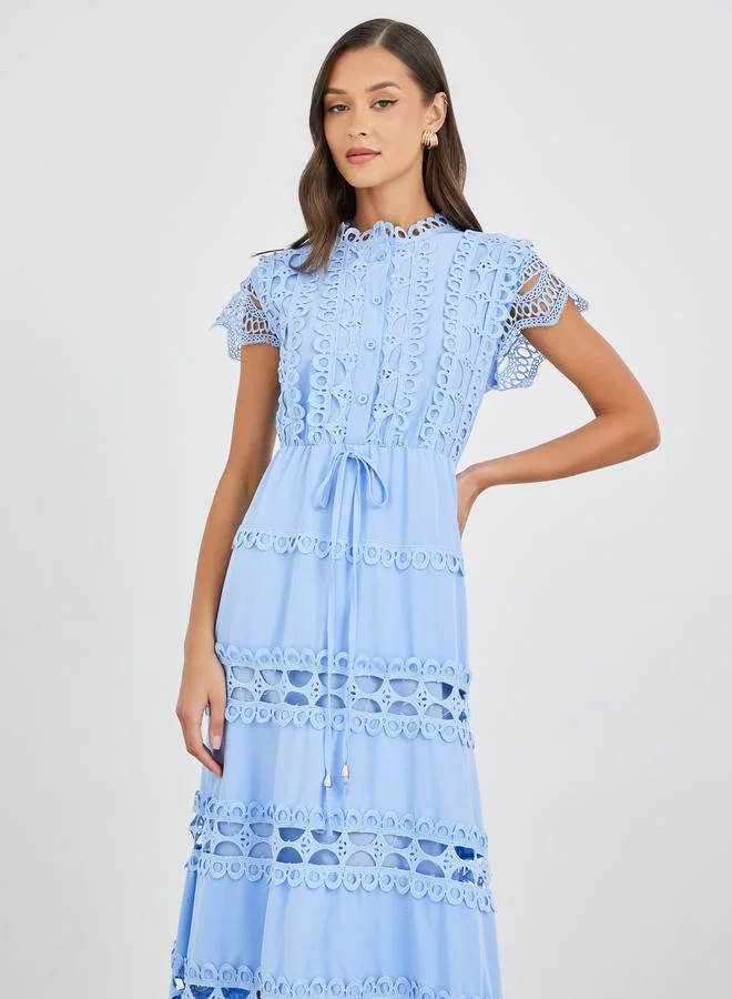 Styli Styli Solid Lace Short Sleeves Tiered Maxi Dress with Tie Detail