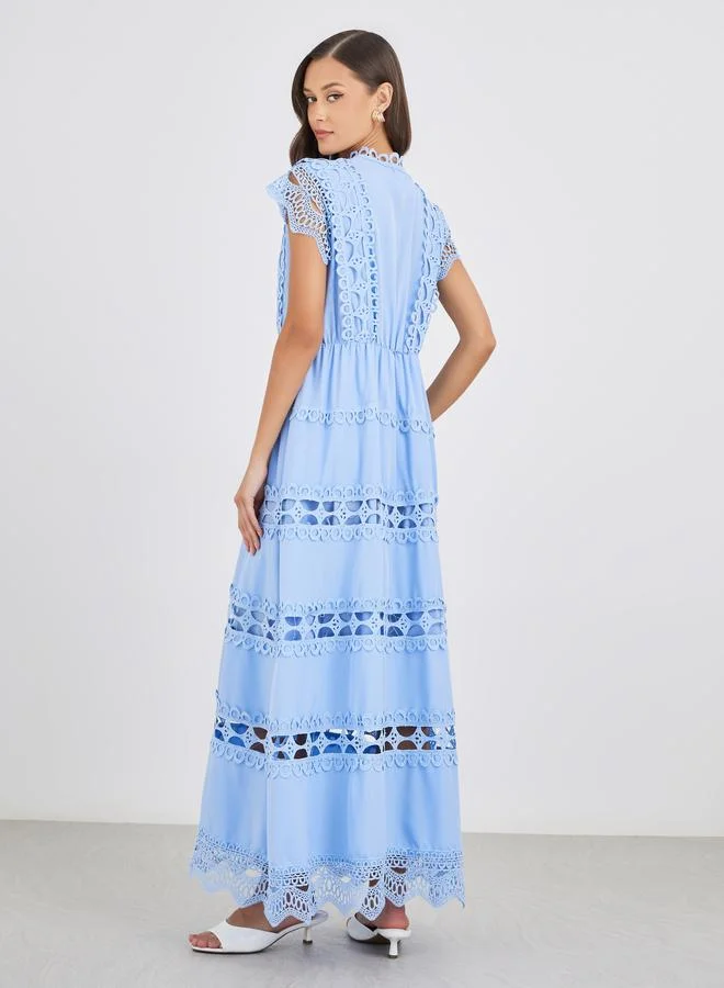 Styli Styli Solid Lace Short Sleeves Tiered Maxi Dress with Tie Detail