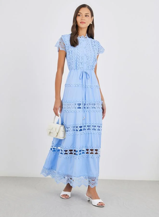 ستايلي Styli Solid Lace Short Sleeves Tiered Maxi Dress with Tie Detail