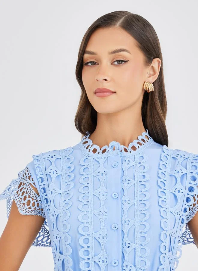 Styli Styli Solid Lace Short Sleeves Tiered Maxi Dress with Tie Detail