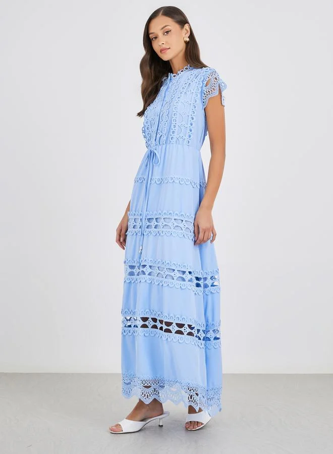 ستايلي Styli Solid Lace Short Sleeves Tiered Maxi Dress with Tie Detail