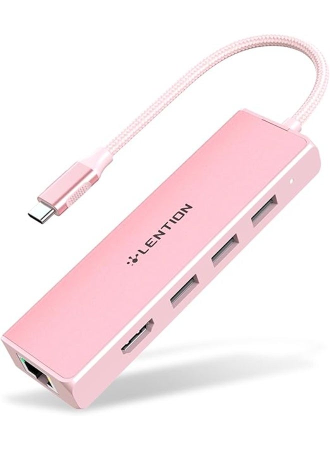 LENTION USB C Hub with Gigabit Ethernet Adapter, 4K HDMI, 3 USB 3.0 Dongle for 2025-2016 MacBook Pro 13/14/15/16, New Mac Air & Surface, Chromebook, More, Stable Driver Certified (CB-C25, Rose Gold) - Image 1