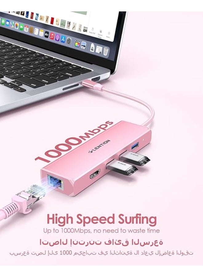 LENTION USB C Hub with Gigabit Ethernet Adapter, 4K HDMI, 3 USB 3.0 Dongle for 2025-2016 MacBook Pro 13/14/15/16, New Mac Air & Surface, Chromebook, More, Stable Driver Certified (CB-C25, Rose Gold) - Image 3