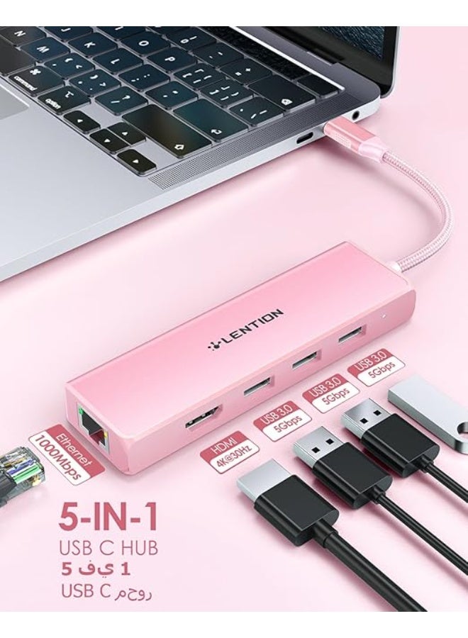 LENTION USB C Hub with Gigabit Ethernet Adapter, 4K HDMI, 3 USB 3.0 Dongle for 2025-2016 MacBook Pro 13/14/15/16, New Mac Air & Surface, Chromebook, More, Stable Driver Certified (CB-C25, Rose Gold) - Image 5