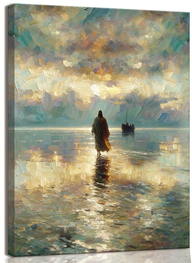 Riveda Framed Jesus Pictures for Wall God Canvas Wall Art Jesus Walking on Water Paintings print for Living Room Christian Art Decor Religious Posters Ready to Hang 12x16Inches - Image 1