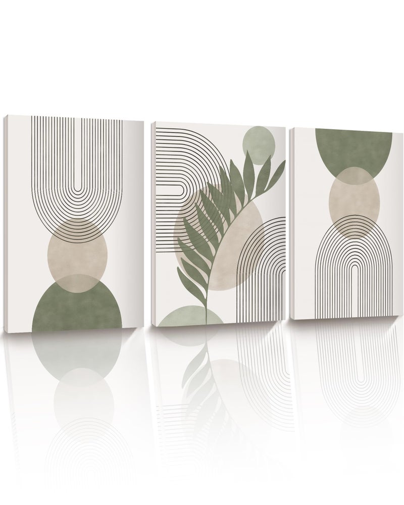 HesenDot 30x40CM Sage Green Boho Wall Art,Framed Canvas Bathroom Wall Art Pictures, Mid-Century Modern Wood Framed Abstract Prints for Bedroom,Minimalist Office Wall Decor 3Pack - Image 1