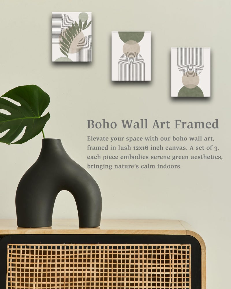 HesenDot 30x40CM Sage Green Boho Wall Art,Framed Canvas Bathroom Wall Art Pictures, Mid-Century Modern Wood Framed Abstract Prints for Bedroom,Minimalist Office Wall Decor 3Pack - Image 2