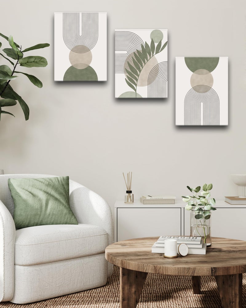 HesenDot 30x40CM Sage Green Boho Wall Art,Framed Canvas Bathroom Wall Art Pictures, Mid-Century Modern Wood Framed Abstract Prints for Bedroom,Minimalist Office Wall Decor 3Pack - Image 4