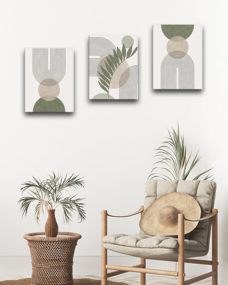 HesenDot 30x40CM Sage Green Boho Wall Art,Framed Canvas Bathroom Wall Art Pictures, Mid-Century Modern Wood Framed Abstract Prints for Bedroom,Minimalist Office Wall Decor 3Pack - Image 3