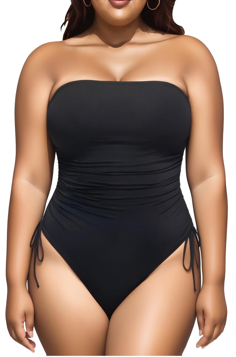 Yonique Women Strapless One Piece Swimsuit Tummy Control Bandeau Bathing Suit Cheeky Swimwear Black M - Image 5