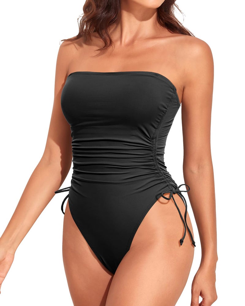 Yonique Women Strapless One Piece Swimsuit Tummy Control Bandeau Bathing Suit Cheeky Swimwear Black M - Image 2